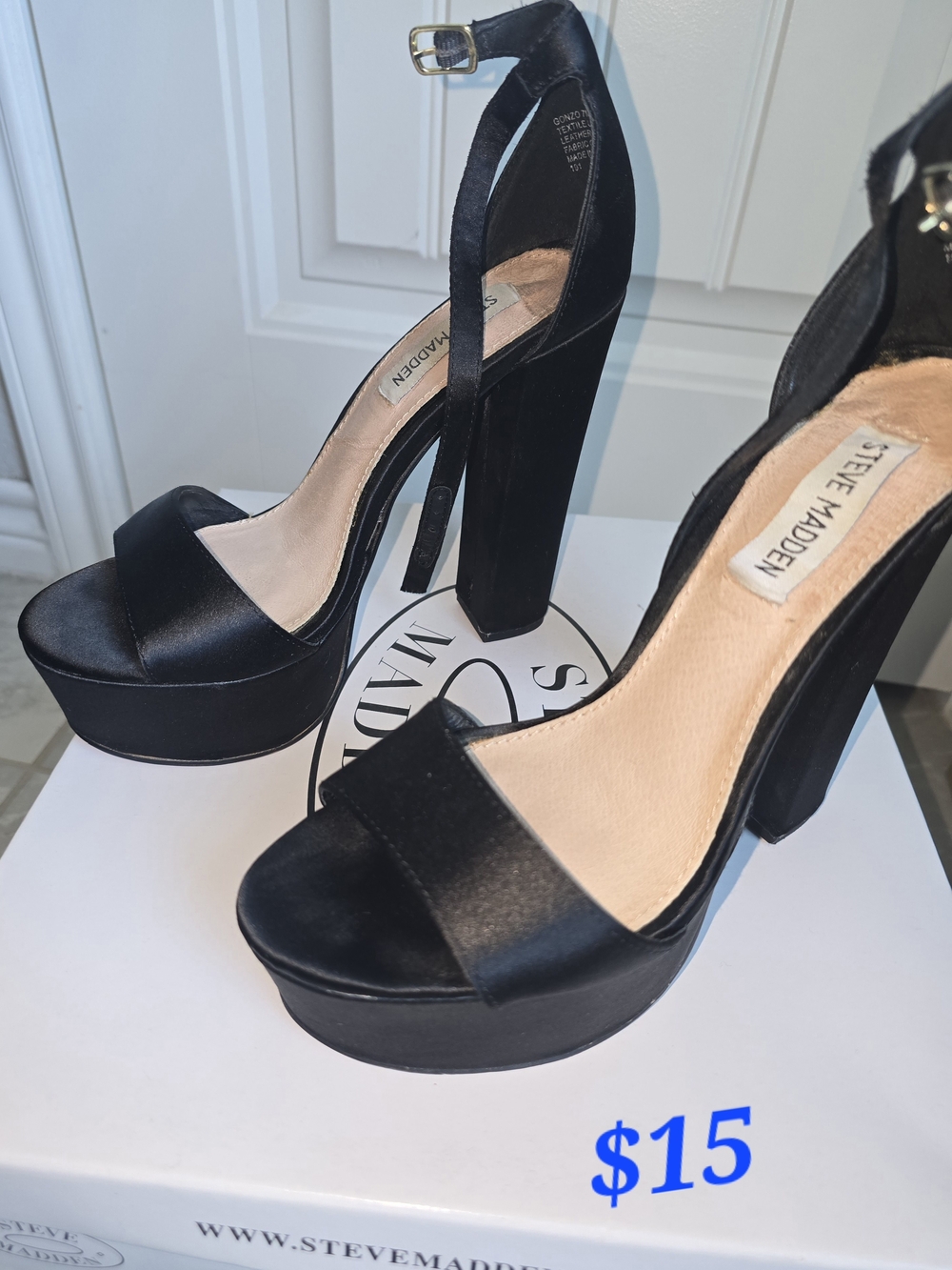 Steve Madden Black Satin Platform Ankle-Strap Heels - High Block Heel